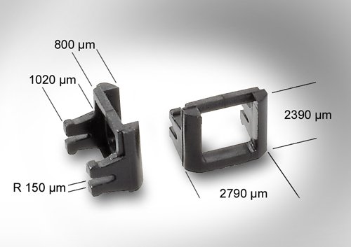 At various trade fairs, the micro injection module demonstrates its performance capabilities in the production of micro clamping frames with a moulded part weight of just 0.0036 g.